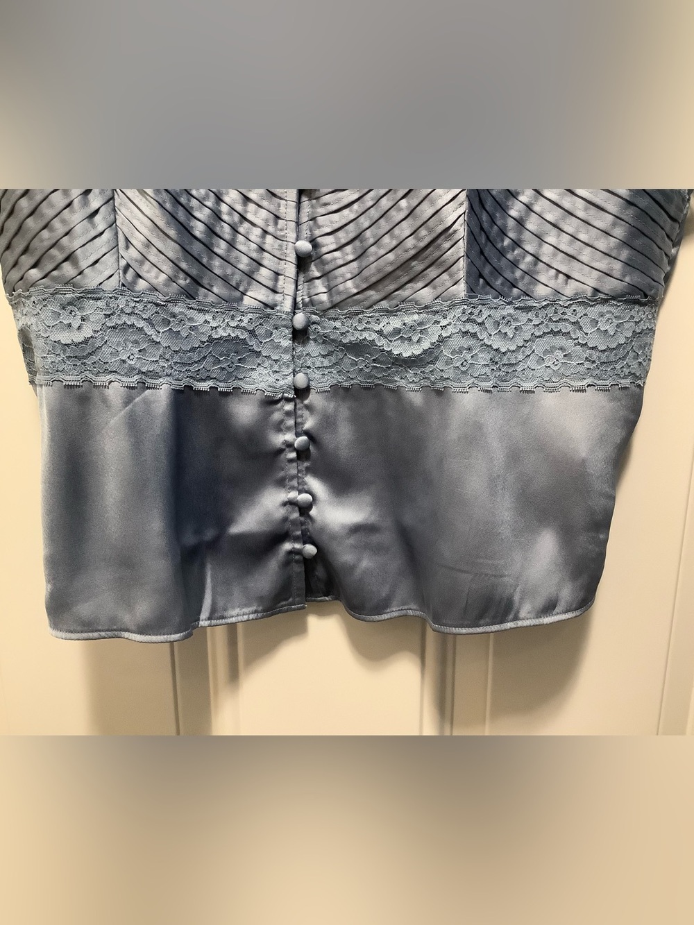 Dusty Blue Satin Lace Camisole with Buttons Pintuck Bodice Lg Romantic Feminine - Picture 5 of 8